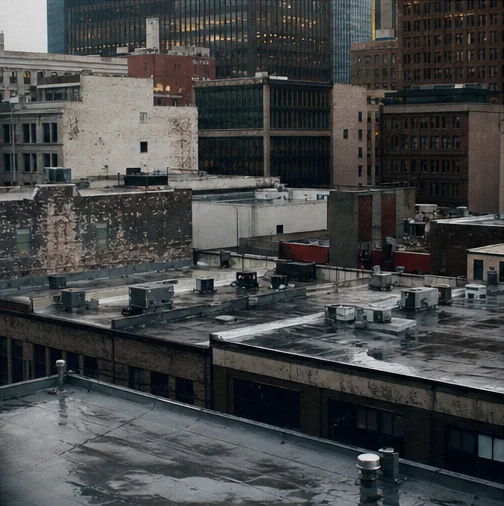 Layered downtown rooftops after rain